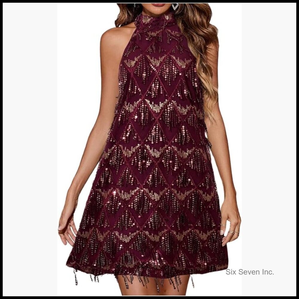 Sequin Sparkly Halter Mini Dress Sleeveless Clubwear Polyester